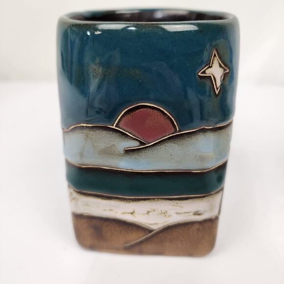 Mara Mexico Pottery Stoneware Square Mug Moose Pine Trees Moon Stars - Signed - Picture 2 of 7